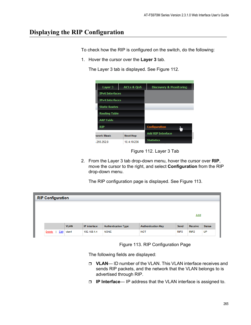 Displaying the rip configuration | Allied Telesis AT-FS970M Series User Manual | Page 265 / 330