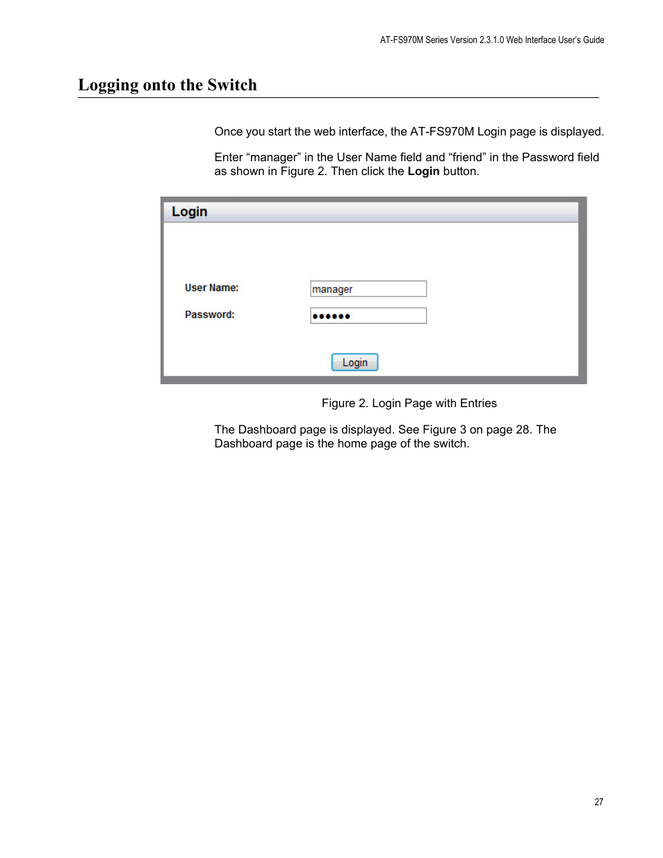 Logging onto the switch | Allied Telesis AT-FS970M Series User Manual | Page 27 / 330