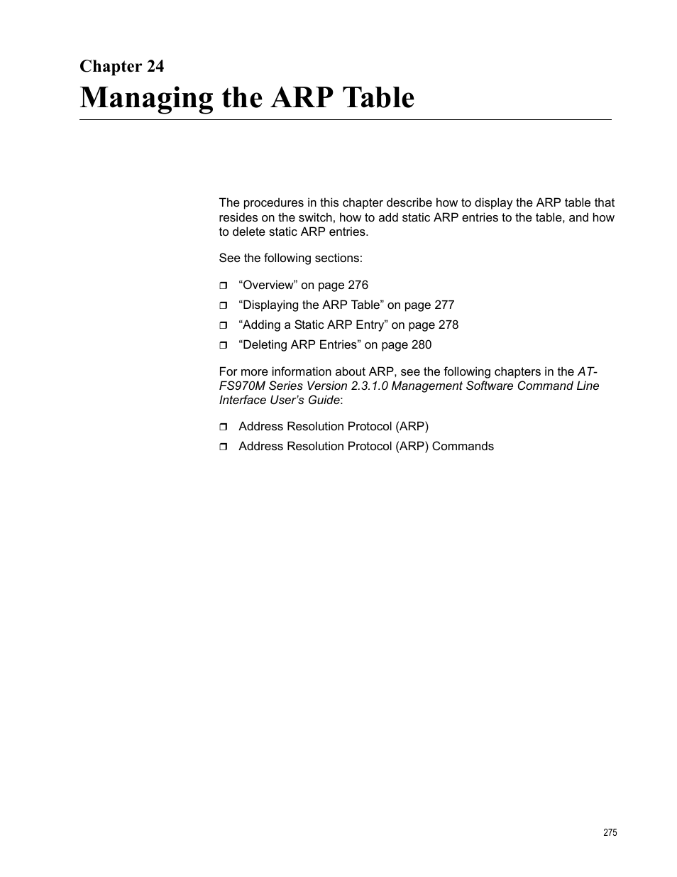 Chapter 24, Managing the arp table | Allied Telesis AT-FS970M Series User Manual | Page 275 / 330