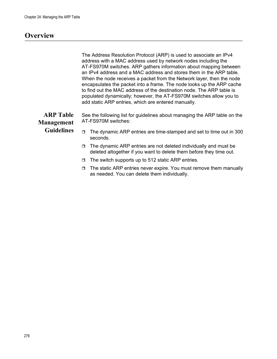 Overview, Arp table management guidelines | Allied Telesis AT-FS970M Series User Manual | Page 276 / 330