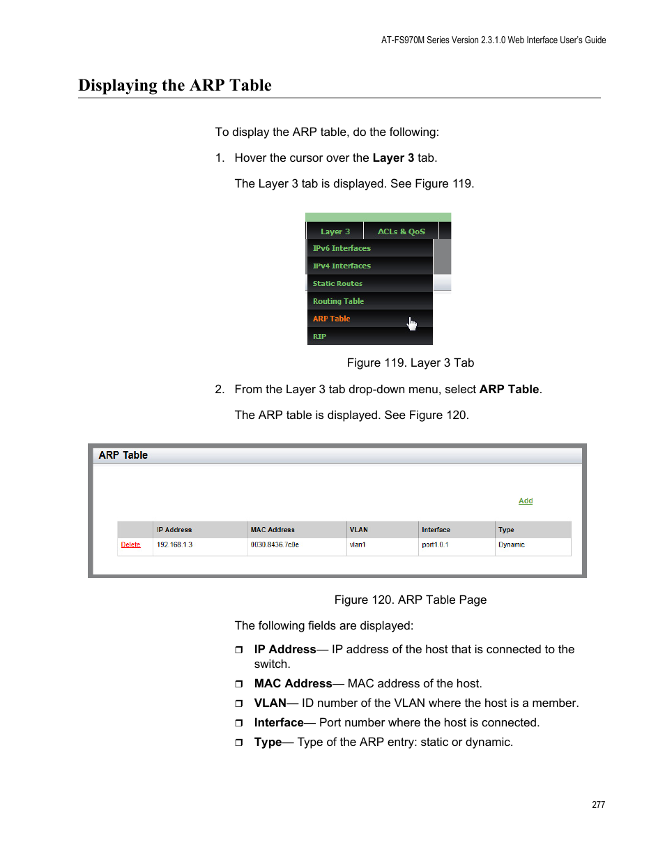 Displaying the arp table | Allied Telesis AT-FS970M Series User Manual | Page 277 / 330