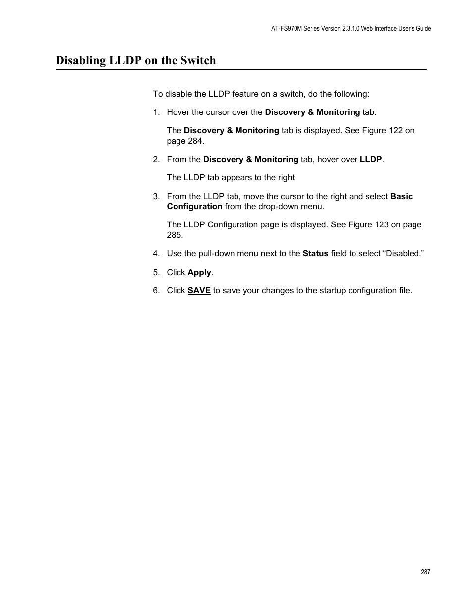 Disabling lldp on the switch | Allied Telesis AT-FS970M Series User Manual | Page 287 / 330