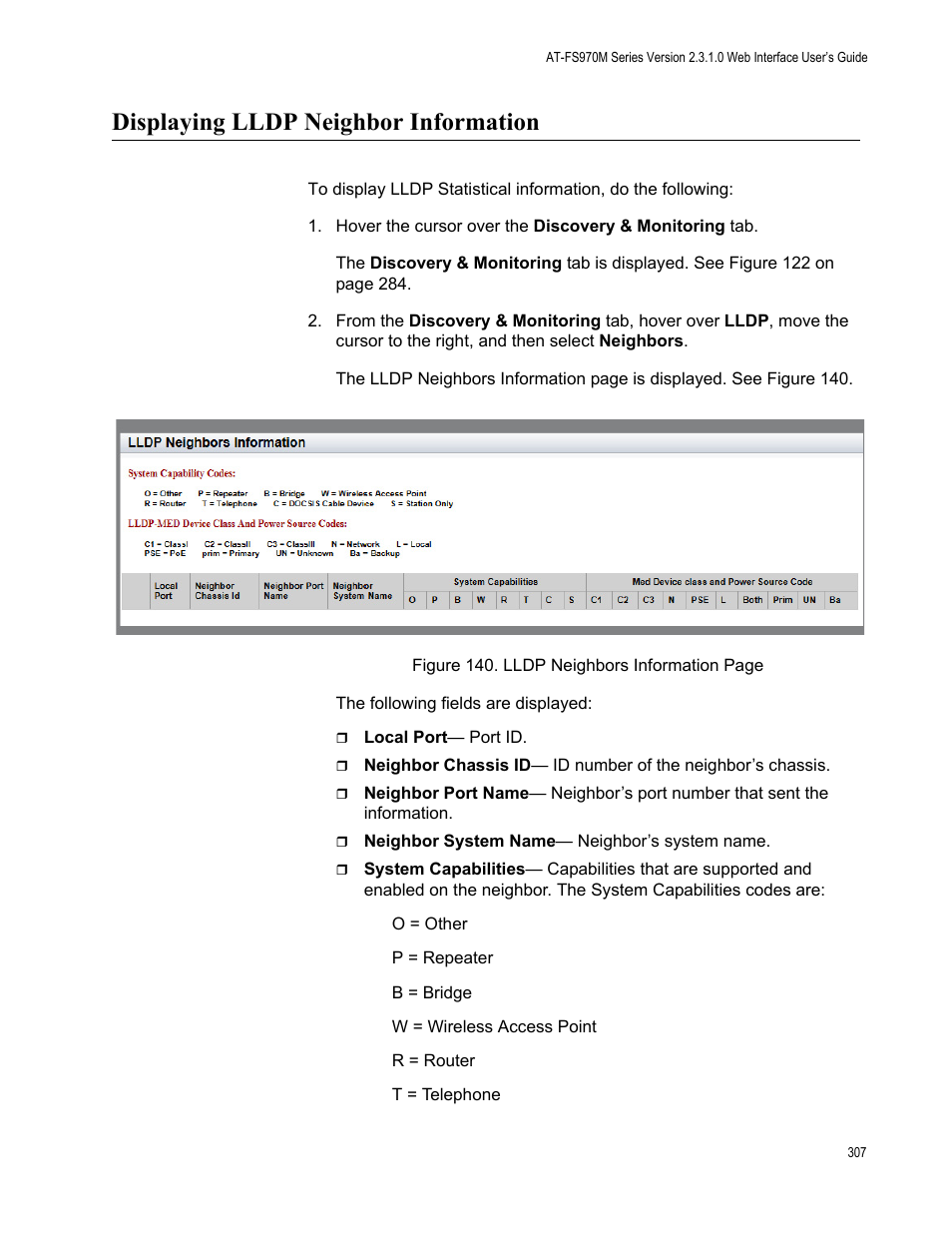 Displaying lldp neighbor information | Allied Telesis AT-FS970M Series User Manual | Page 307 / 330