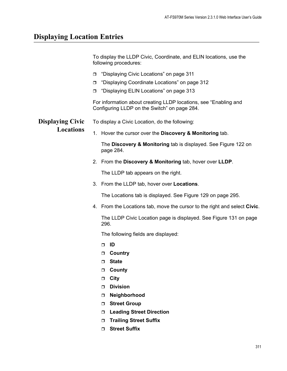 Displaying location entries, Displaying civic locations | Allied Telesis AT-FS970M Series User Manual | Page 311 / 330