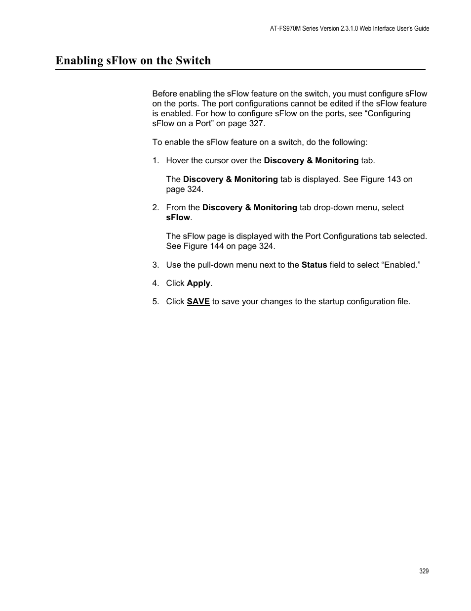 Enabling sflow on the switch | Allied Telesis AT-FS970M Series User Manual | Page 329 / 330