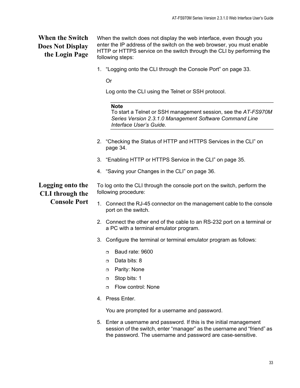 Logging onto the cli through the console port, When the switch does not display the login page | Allied Telesis AT-FS970M Series User Manual | Page 33 / 330