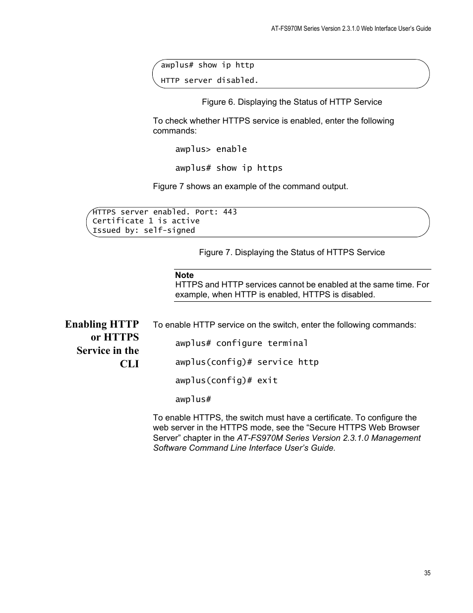 Enabling http or https service in the cli | Allied Telesis AT-FS970M Series User Manual | Page 35 / 330