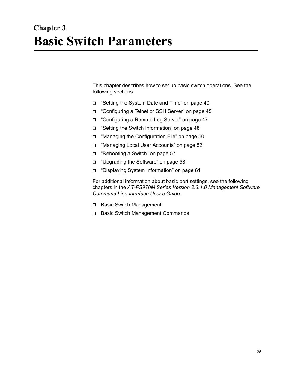 Chapter 3, Basic switch parameters | Allied Telesis AT-FS970M Series User Manual | Page 39 / 330