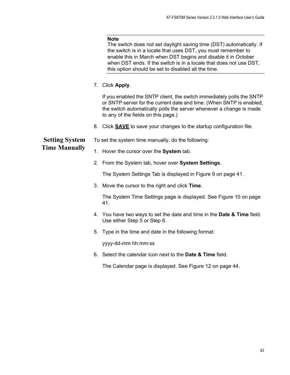 Setting system time manually | Allied Telesis AT-FS970M Series User Manual | Page 43 / 330