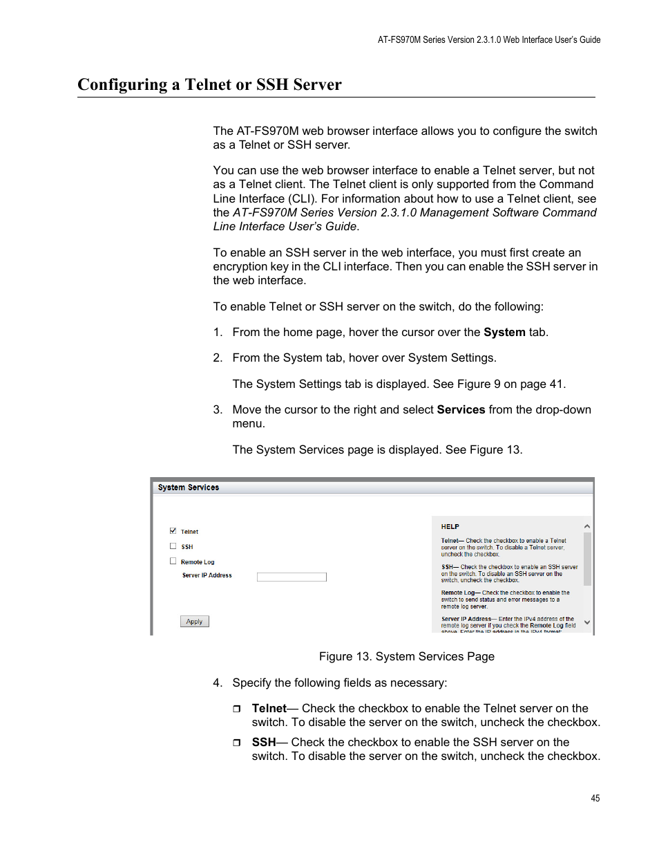 Configuring a telnet or ssh server | Allied Telesis AT-FS970M Series User Manual | Page 45 / 330