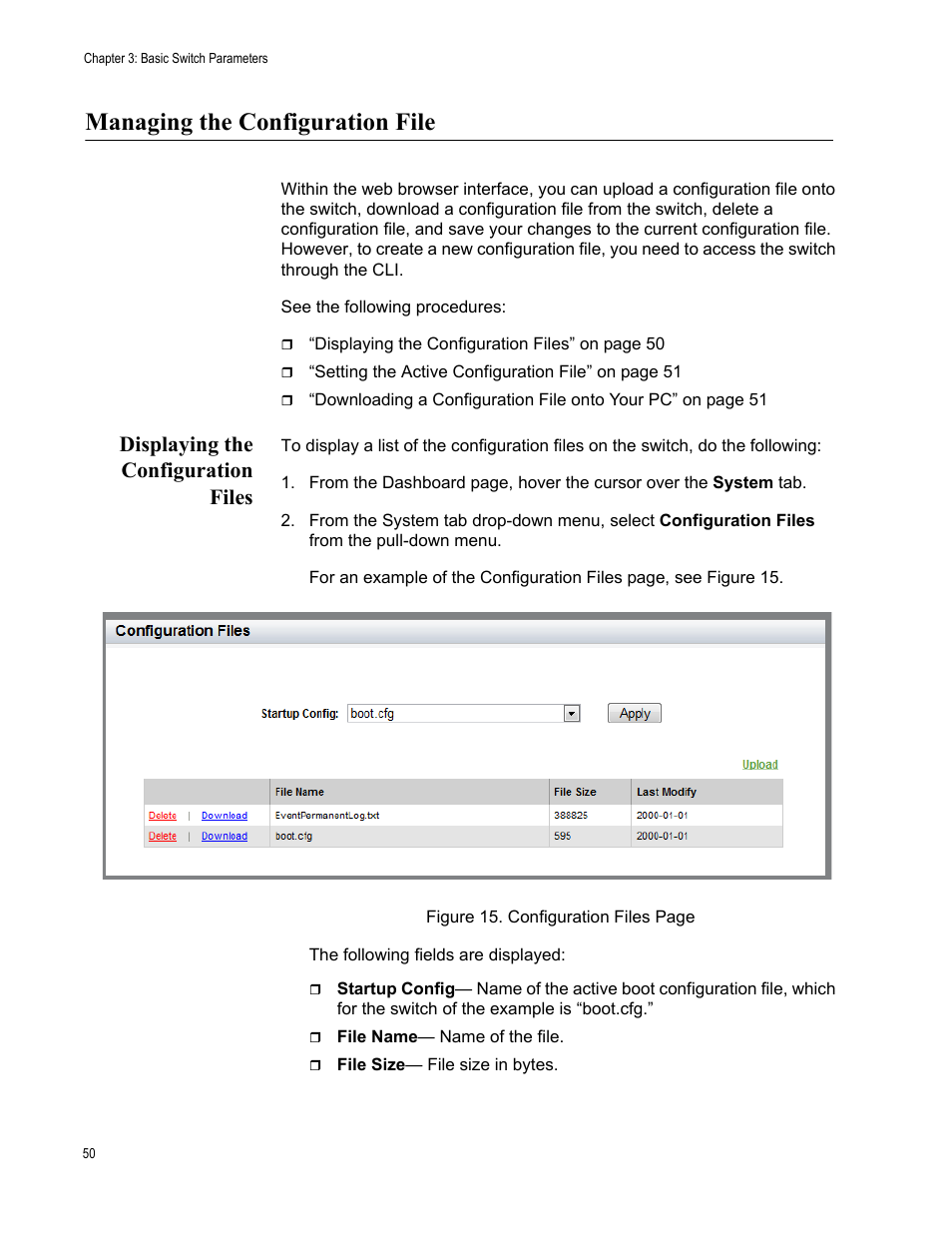 Managing the configuration file, Displaying the configuration files | Allied Telesis AT-FS970M Series User Manual | Page 50 / 330