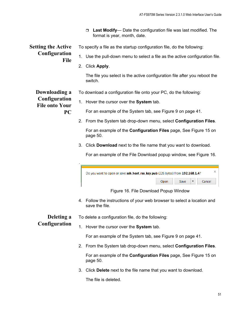 Setting the active configuration file, Downloading a configuration file onto your pc, Deleting a configuration | Figure 16: file download popup window | Allied Telesis AT-FS970M Series User Manual | Page 51 / 330