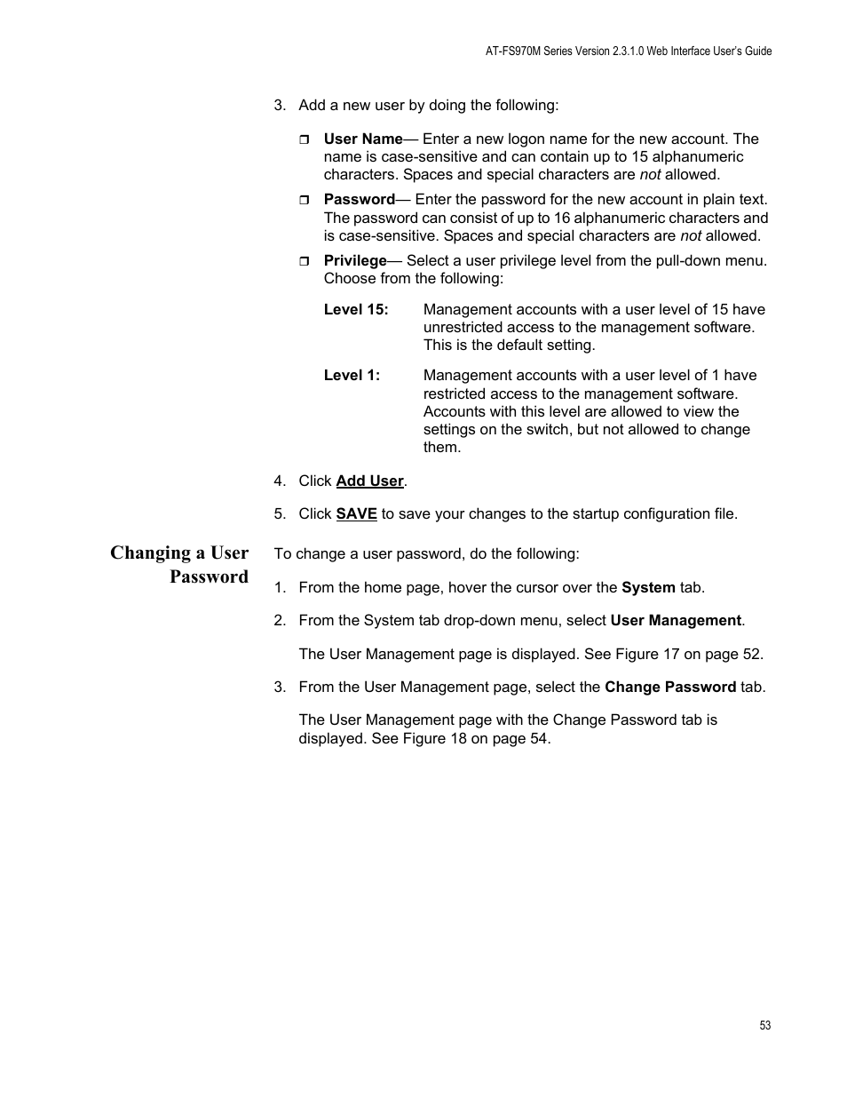 Changing a user password | Allied Telesis AT-FS970M Series User Manual | Page 53 / 330