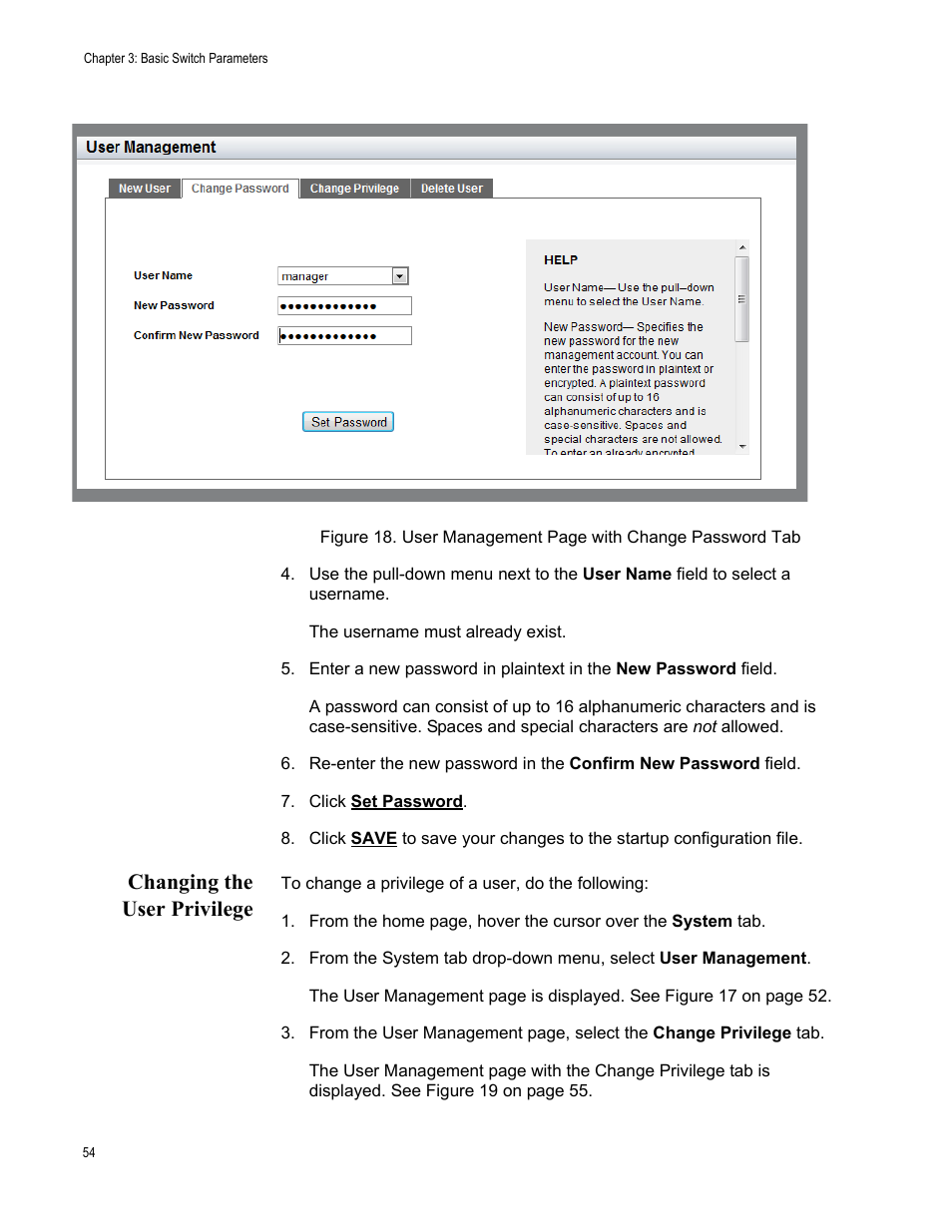 Changing the user privilege | Allied Telesis AT-FS970M Series User Manual | Page 54 / 330