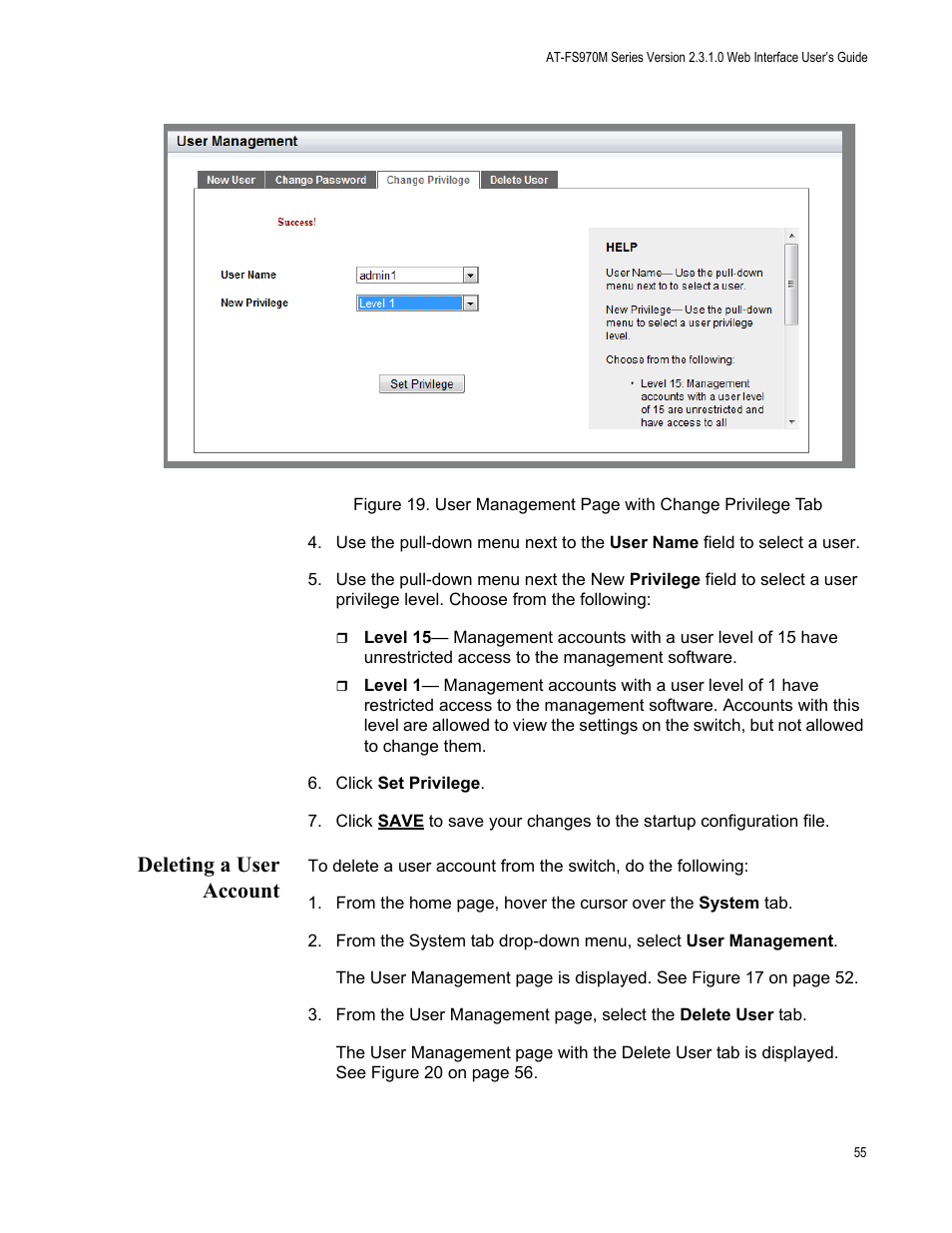 Deleting a user account | Allied Telesis AT-FS970M Series User Manual | Page 55 / 330