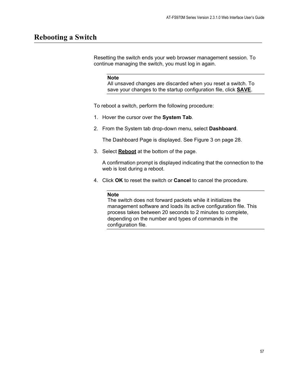 Rebooting a switch | Allied Telesis AT-FS970M Series User Manual | Page 57 / 330