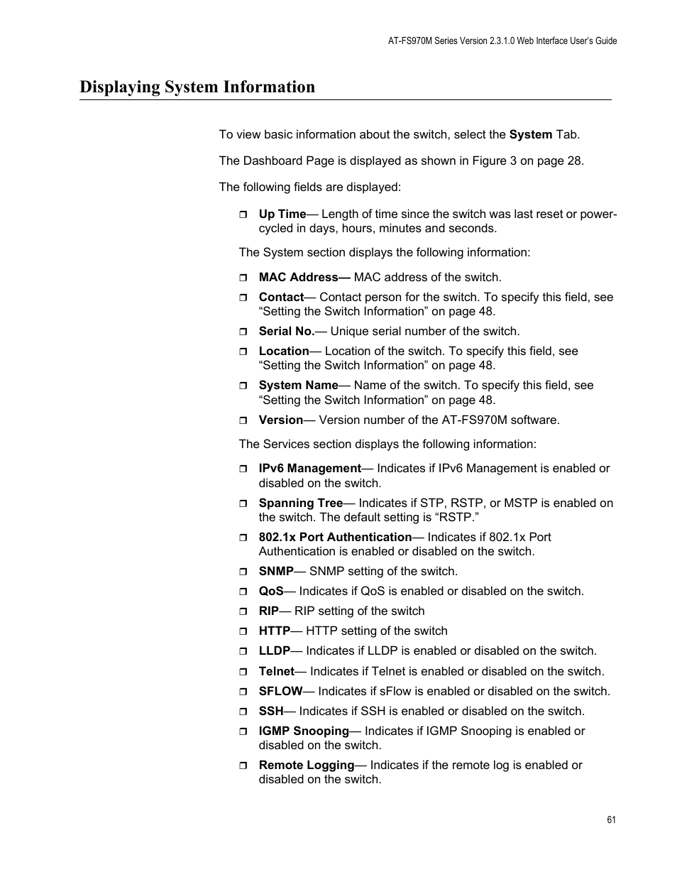Displaying system information | Allied Telesis AT-FS970M Series User Manual | Page 61 / 330