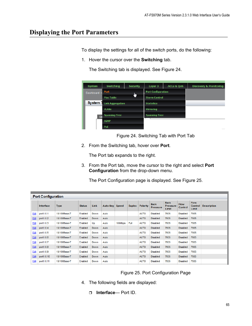 Displaying the port parameters | Allied Telesis AT-FS970M Series User Manual | Page 65 / 330