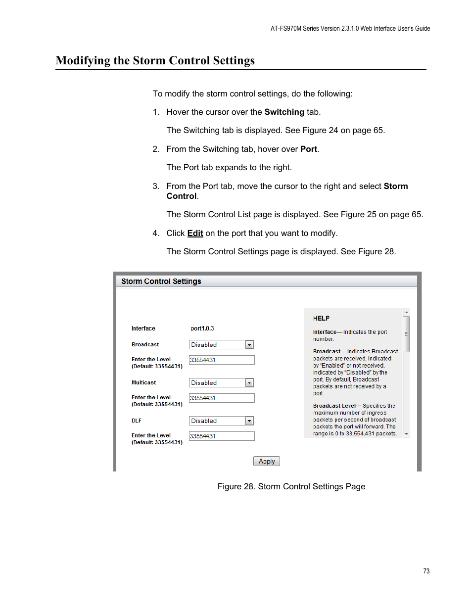 Modifying the storm control settings | Allied Telesis AT-FS970M Series User Manual | Page 73 / 330