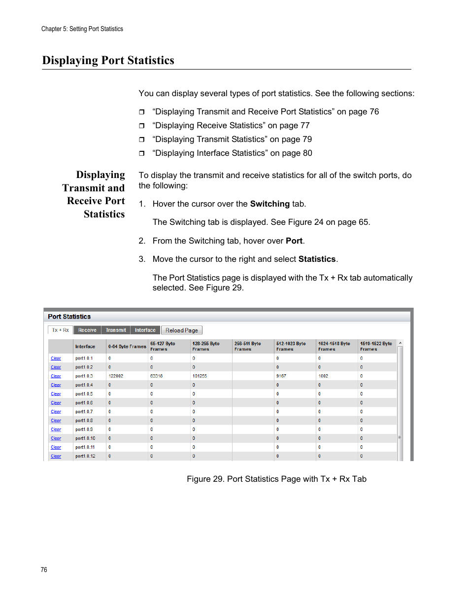 Displaying port statistics, Displaying transmit and receive port statistics | Allied Telesis AT-FS970M Series User Manual | Page 76 / 330