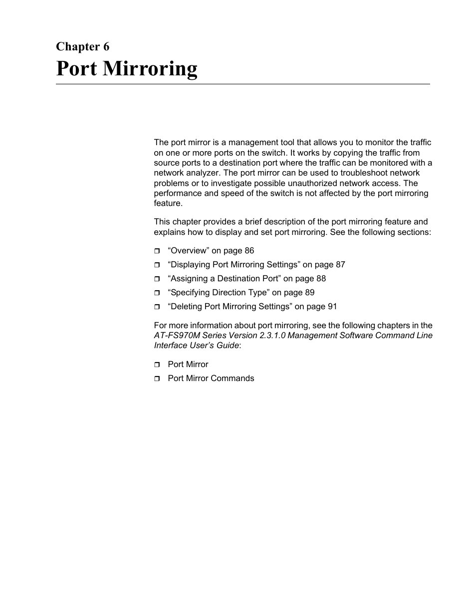 Chapter 6, Port mirroring, Chapter 6: port mirroring | Allied Telesis AT-FS970M Series User Manual | Page 85 / 330