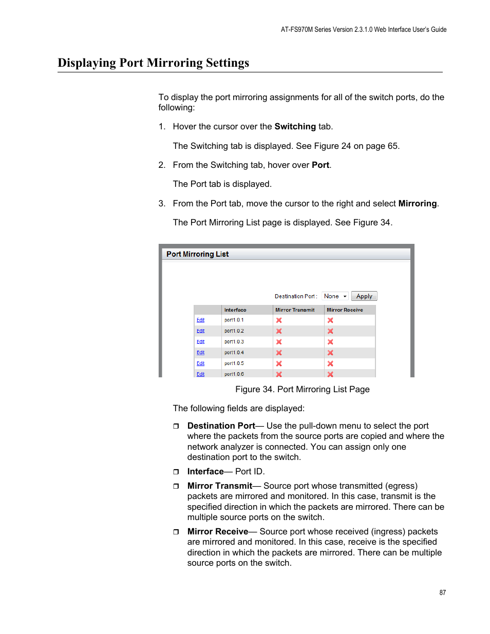 Displaying port mirroring settings | Allied Telesis AT-FS970M Series User Manual | Page 87 / 330