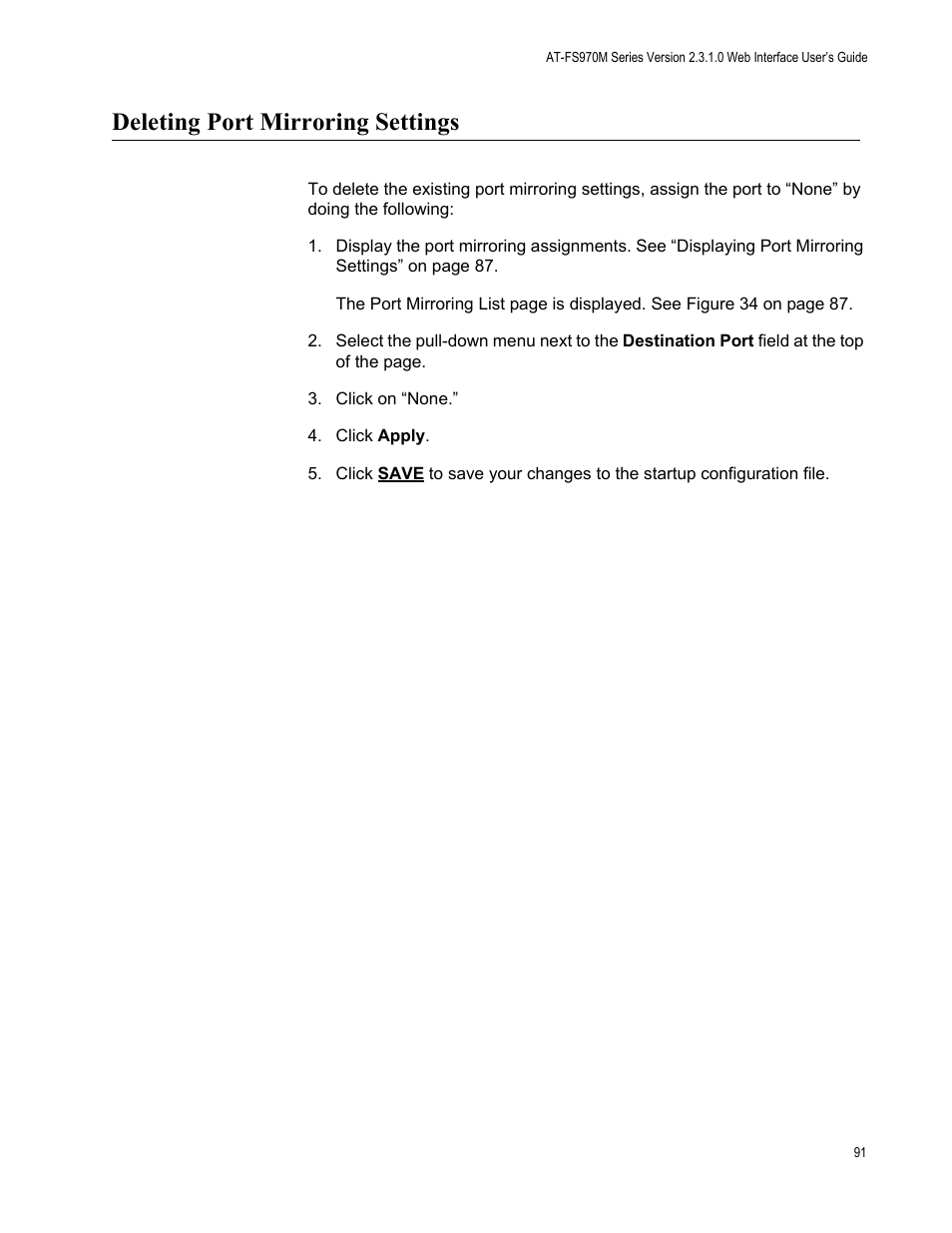 Deleting port mirroring settings | Allied Telesis AT-FS970M Series User Manual | Page 91 / 330