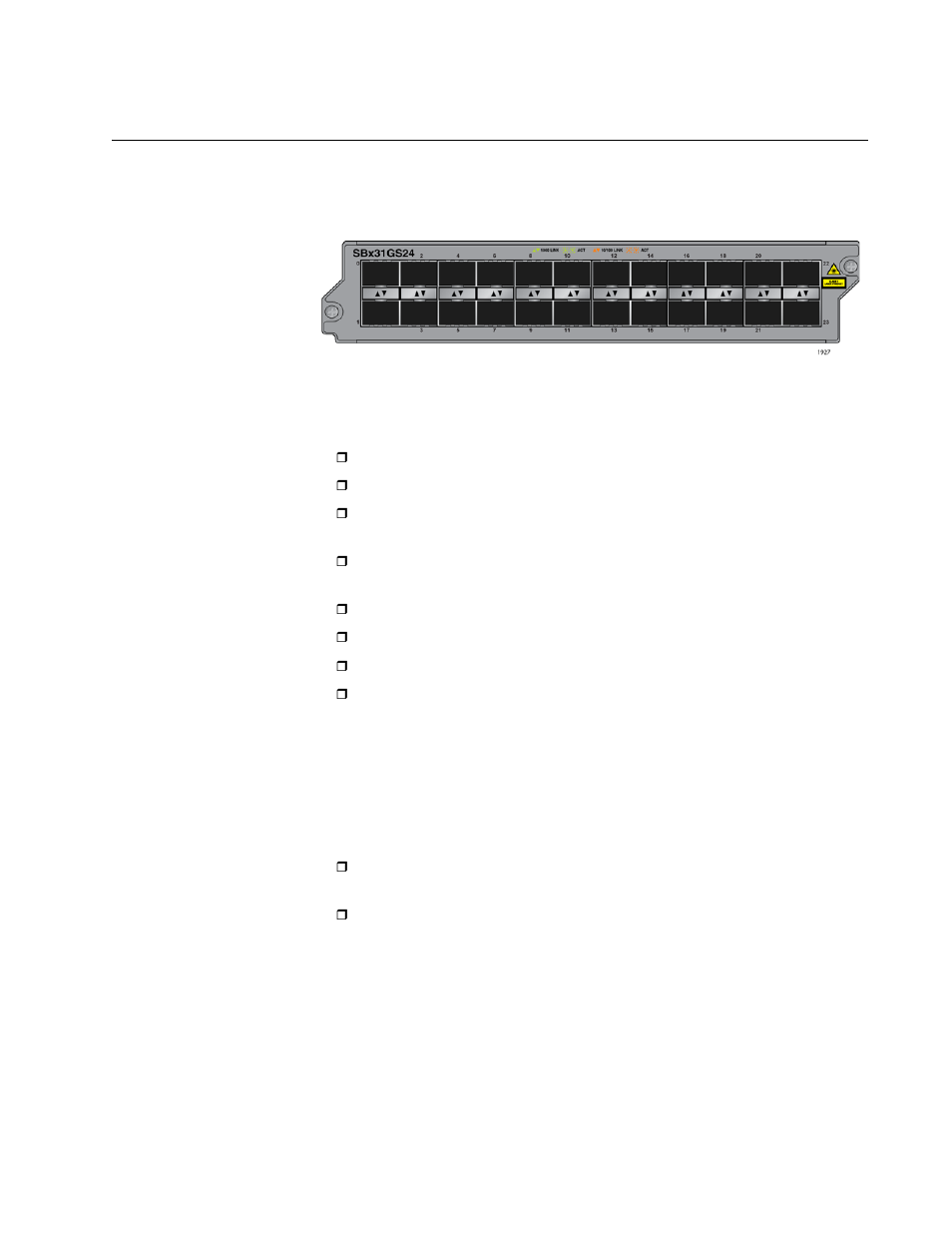 At-sbx31gs24 sfp line card, Leds, Figure 19: at-sbx31gs24 sfp line card | Allied Telesis AT-SBx31CFC960 User Manual | Page 43 / 288