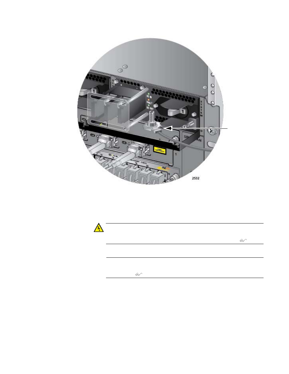 Figure 122: installing the grounding wire | Allied Telesis AT-SBx31CFC960 User Manual | Page 185 / 294