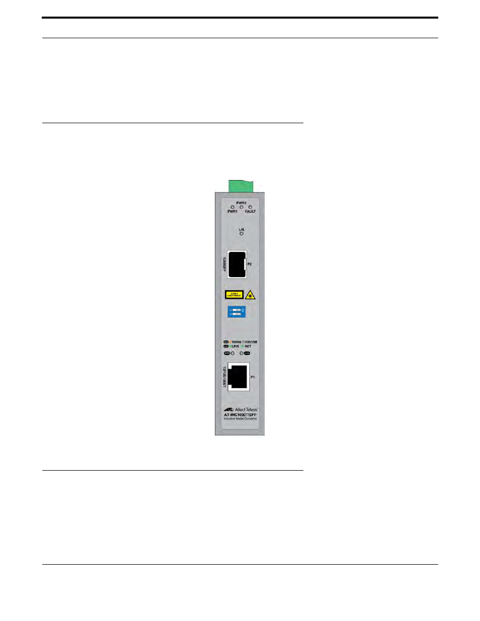Hardware description, 1 front panel, 2 top view | Front panel top view | Allied Telesis AT-IMC1000T/SFP User Manual | Page 8 / 23
