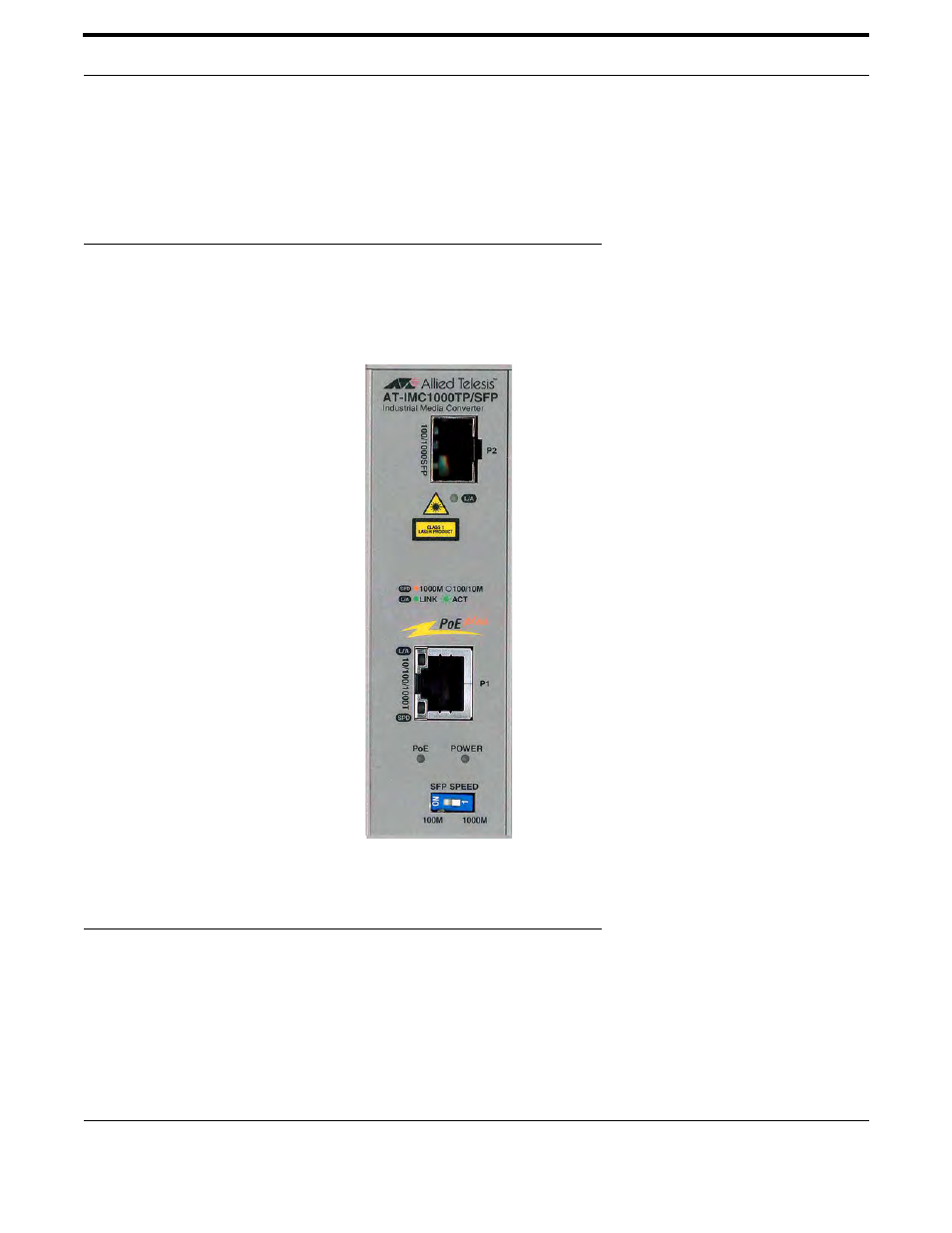 Hardware description, 1 front panel, 2 top view | Front panel top view | Allied Telesis AT-IMC1000TP/SFP User Manual | Page 8 / 24