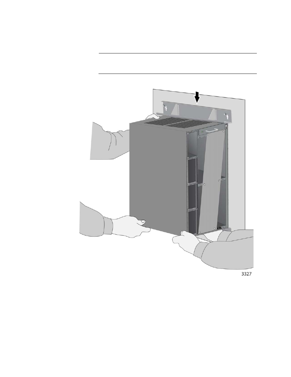 Figure 18: lowering the chassis onto the screws | Allied Telesis AT-SBx3106WMB User Manual | Page 36 / 44