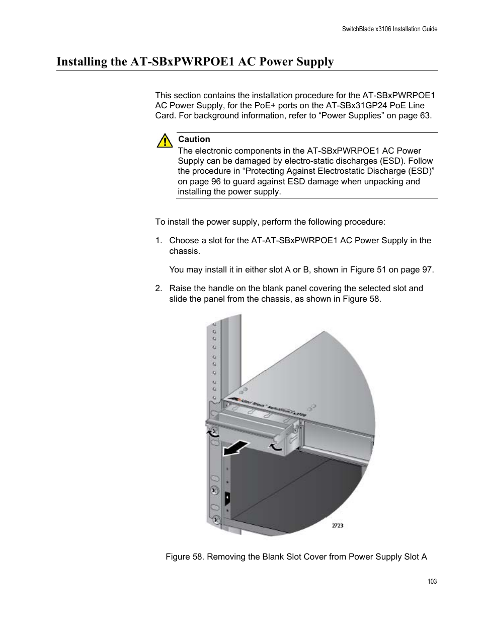 Installing the at-sbxpwrpoe1 ac power supply | Allied Telesis SwitchBlade x3106 User Manual | Page 103 / 260