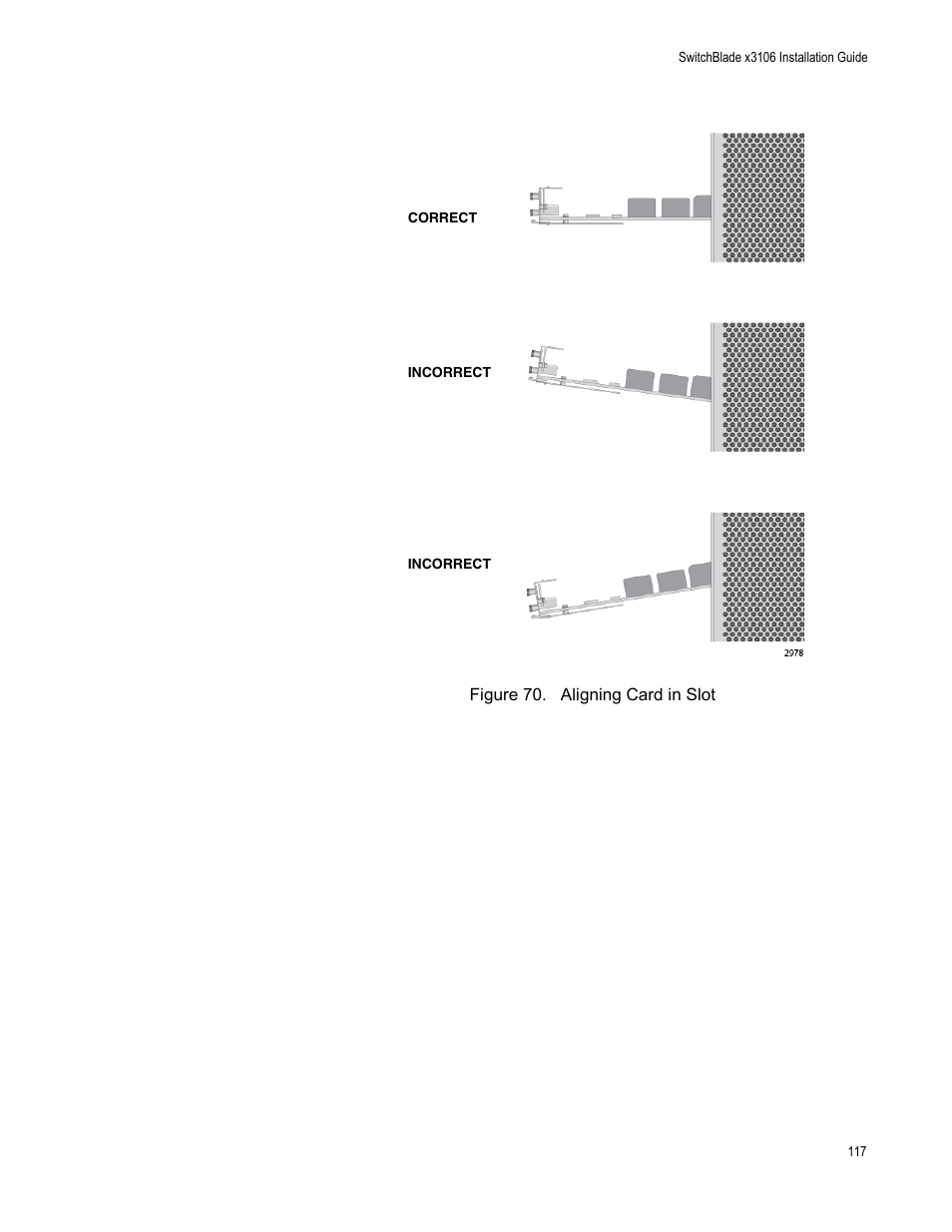 Figure 70: aligning card in slot | Allied Telesis SwitchBlade x3106 User Manual | Page 117 / 260