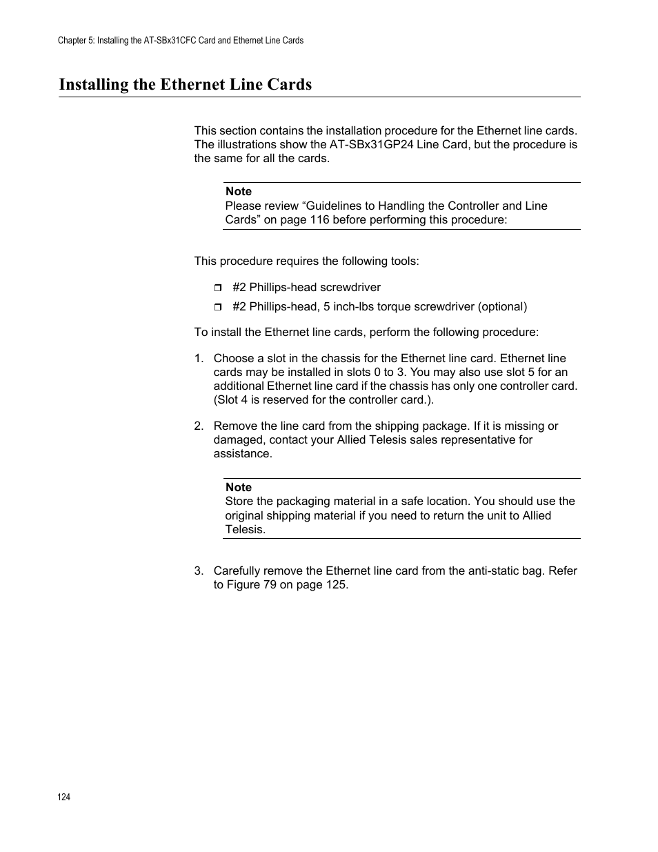 Installing the ethernet line cards | Allied Telesis SwitchBlade x3106 User Manual | Page 124 / 260