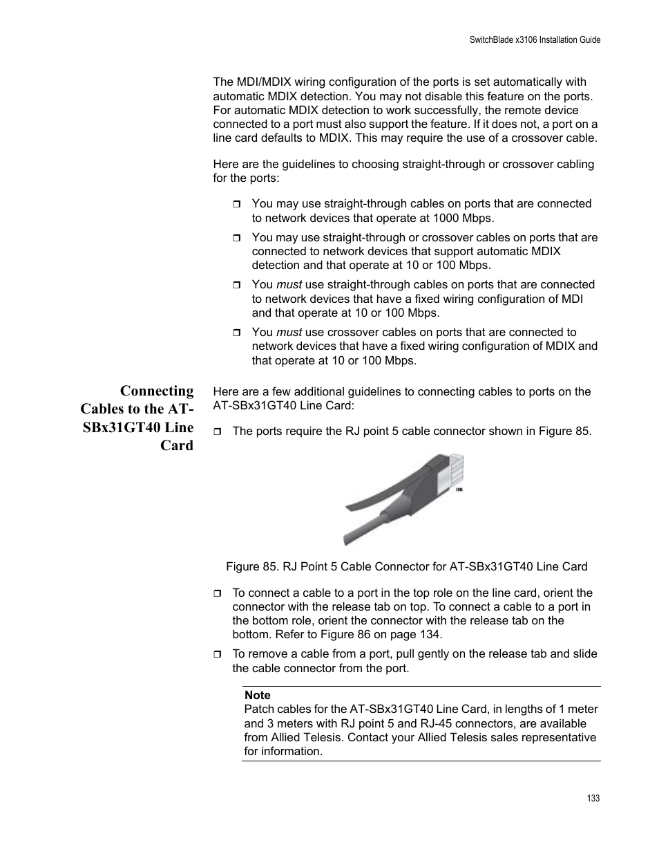 Connecting cables to the at- sbx31gt40 line card, Connecting cables to the at-sbx31gt40 line card | Allied Telesis SwitchBlade x3106 User Manual | Page 133 / 260