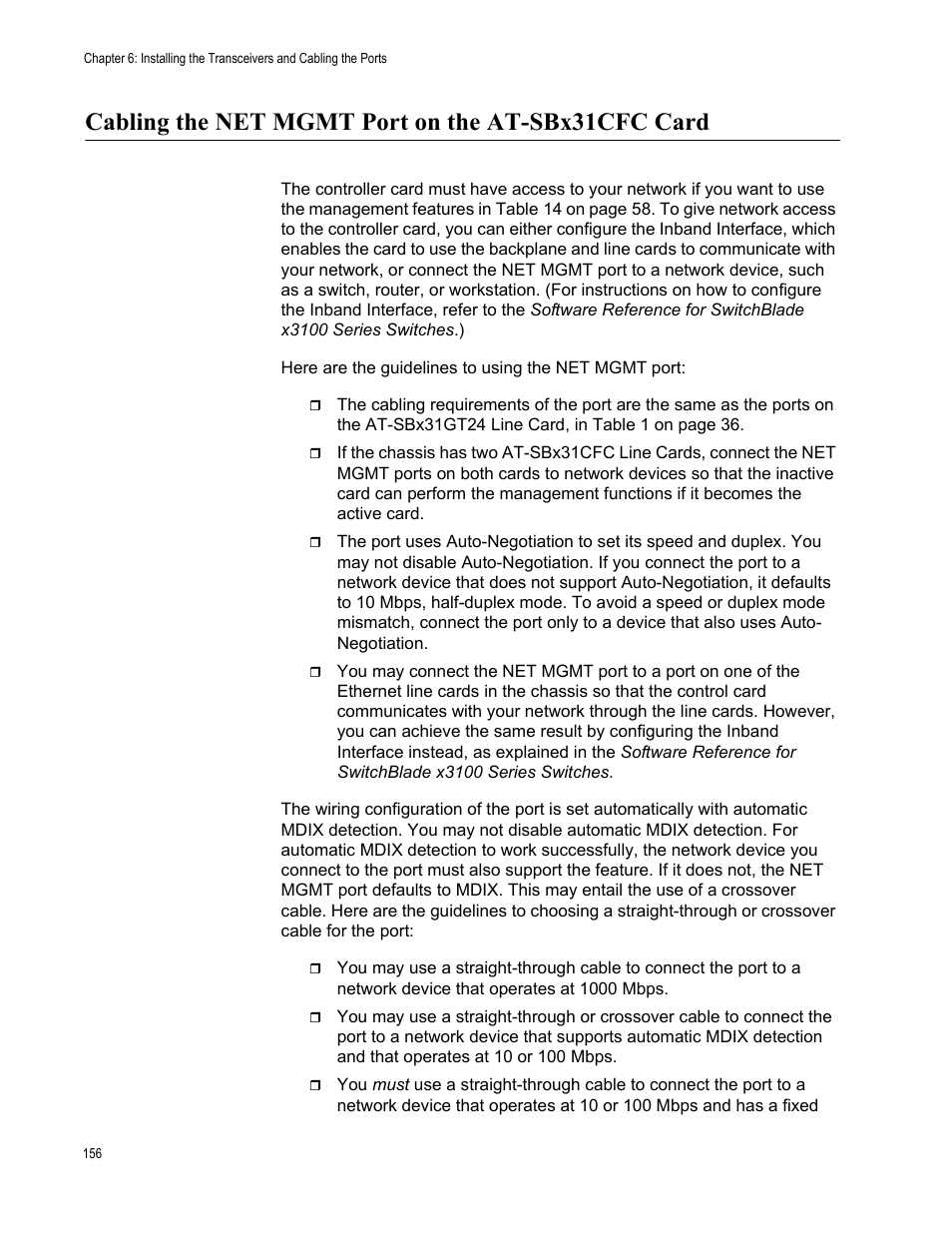 Cabling the net mgmt port on the at-sbx31cfc card | Allied Telesis SwitchBlade x3106 User Manual | Page 156 / 260