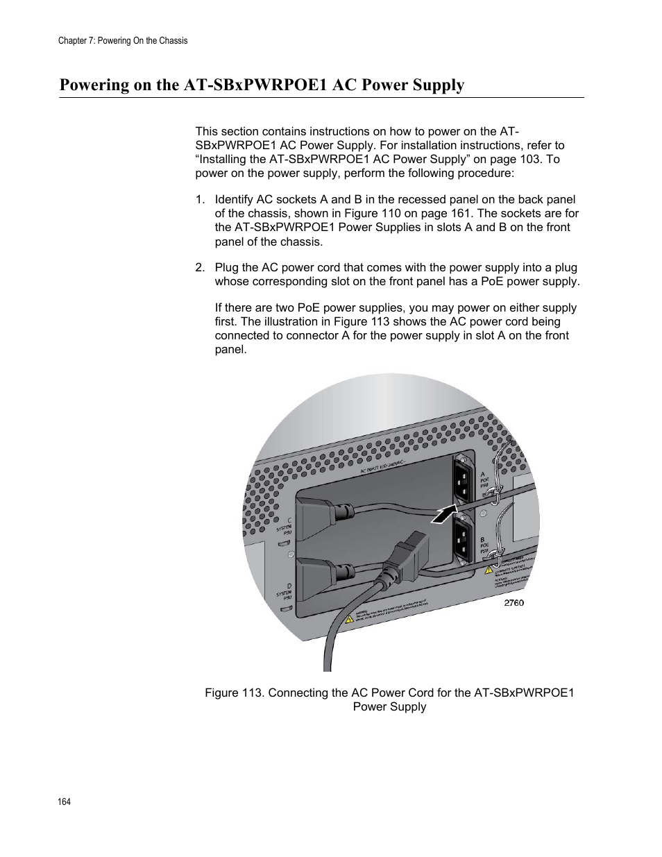 Powering on the at-sbxpwrpoe1 ac power supply | Allied Telesis SwitchBlade x3106 User Manual | Page 164 / 260
