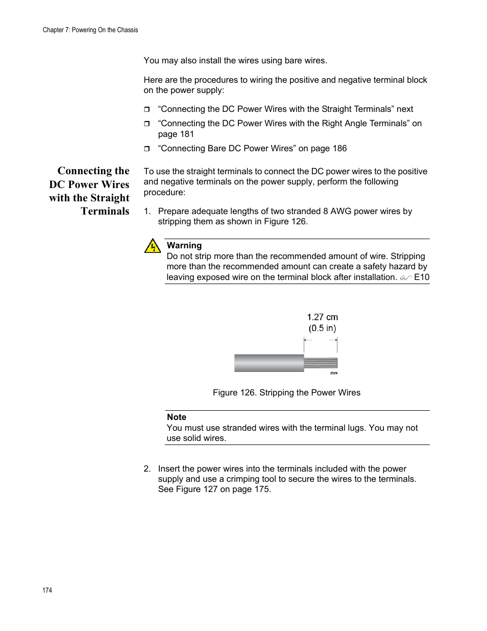 Figure 126: stripping the power wires | Allied Telesis SwitchBlade x3106 User Manual | Page 174 / 260