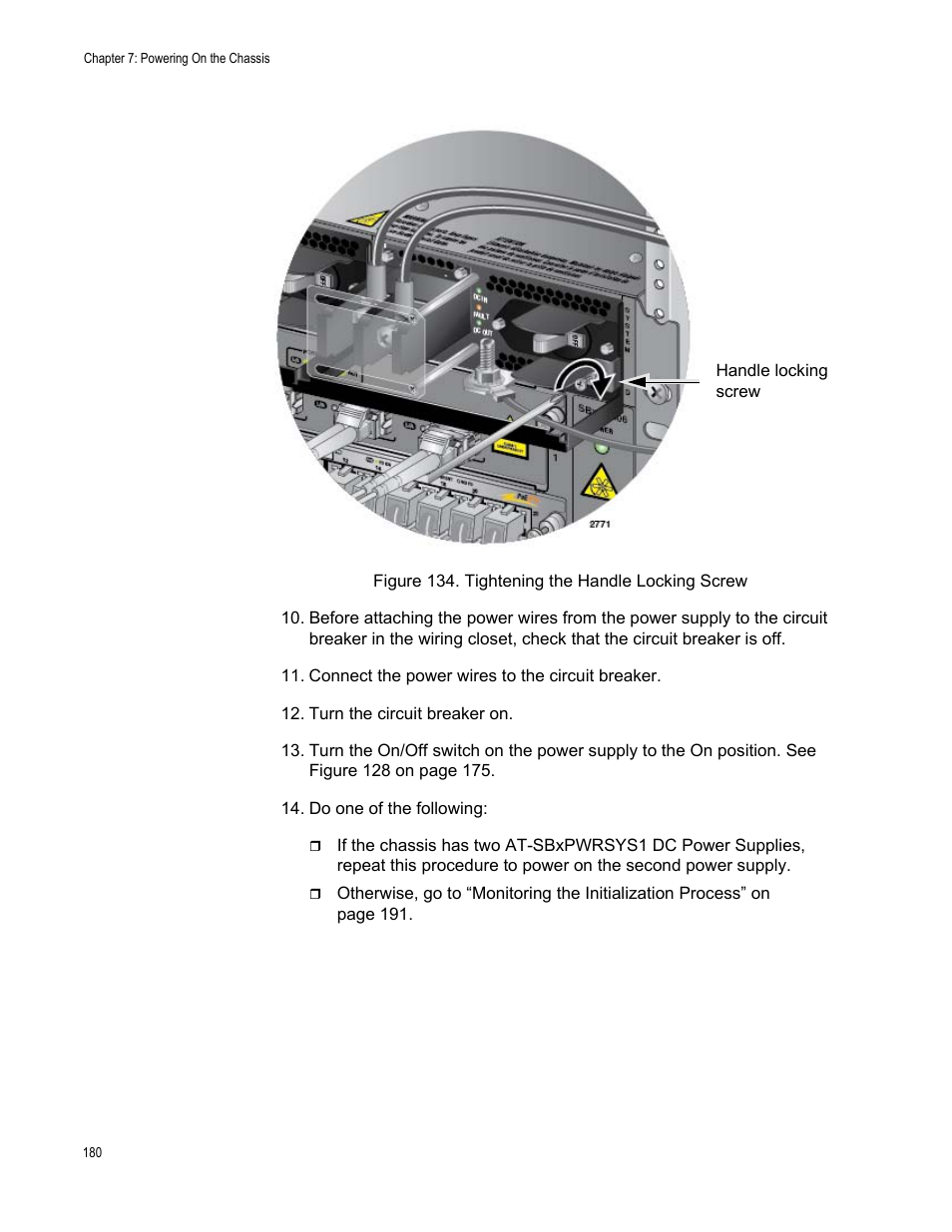 Figure 134: tightening the handle locking screw | Allied Telesis SwitchBlade x3106 User Manual | Page 180 / 260