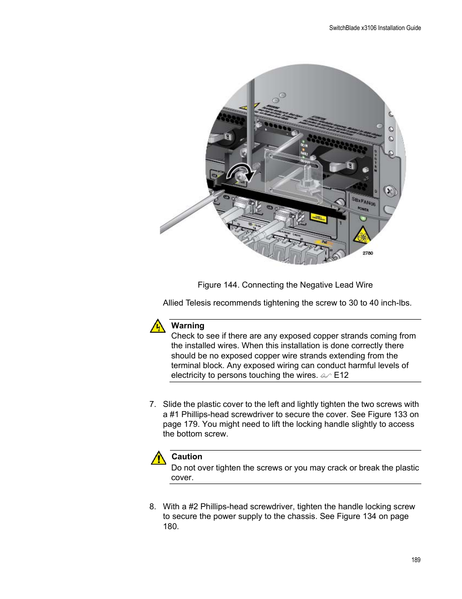 Figure 144: connecting the negative lead wire | Allied Telesis SwitchBlade x3106 User Manual | Page 189 / 260