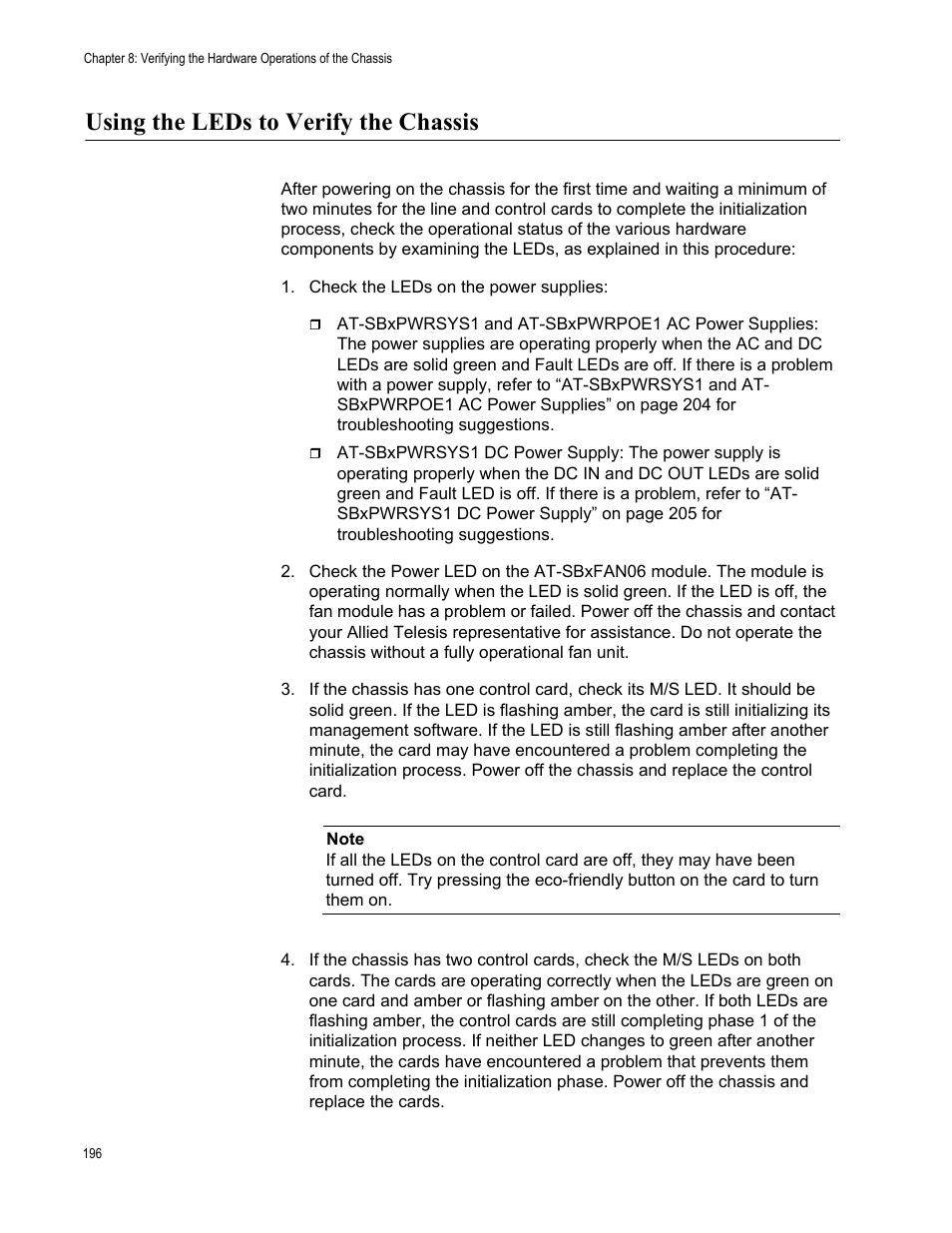 Using the leds to verify the chassis | Allied Telesis SwitchBlade x3106 User Manual | Page 196 / 260