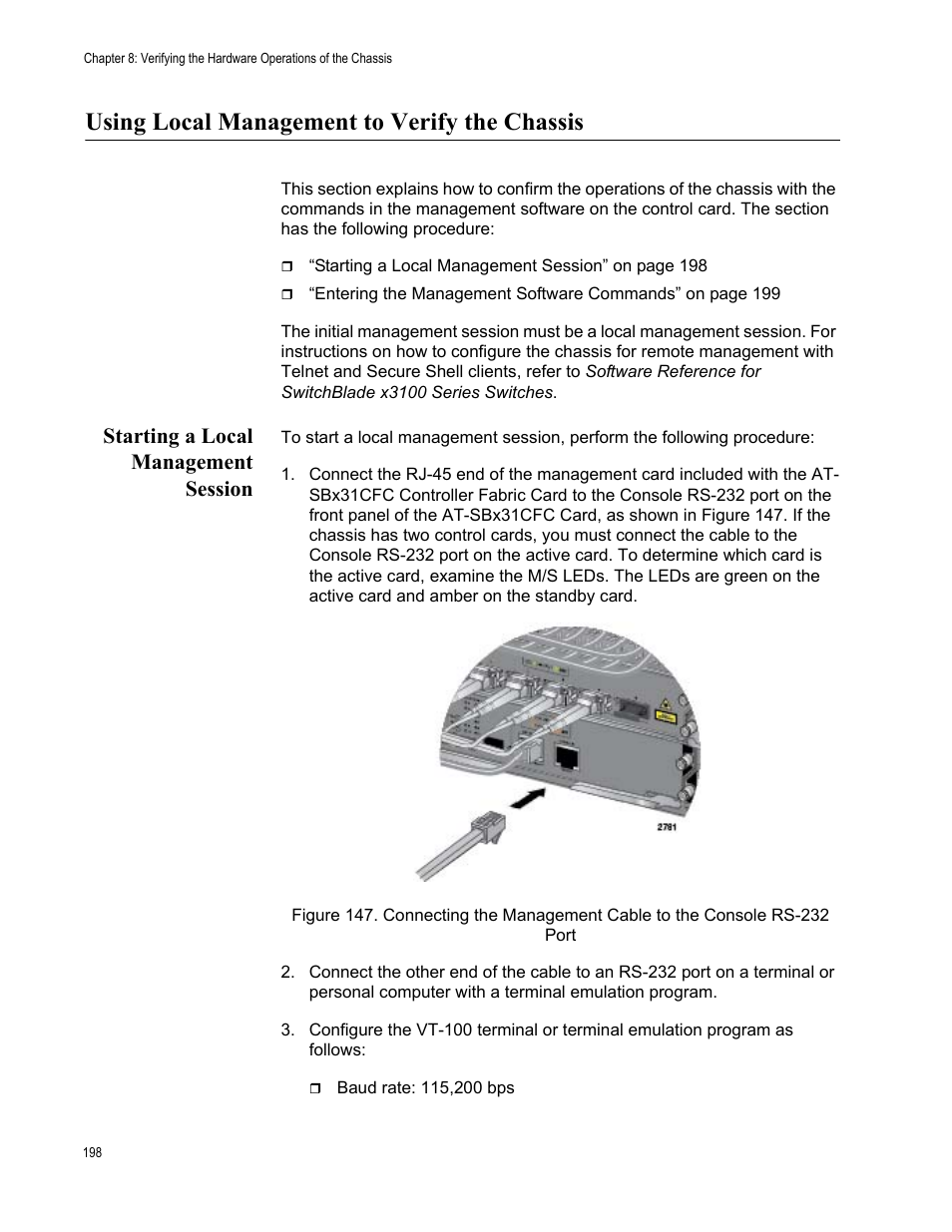 Using local management to verify the chassis, Starting a local management session | Allied Telesis SwitchBlade x3106 User Manual | Page 198 / 260