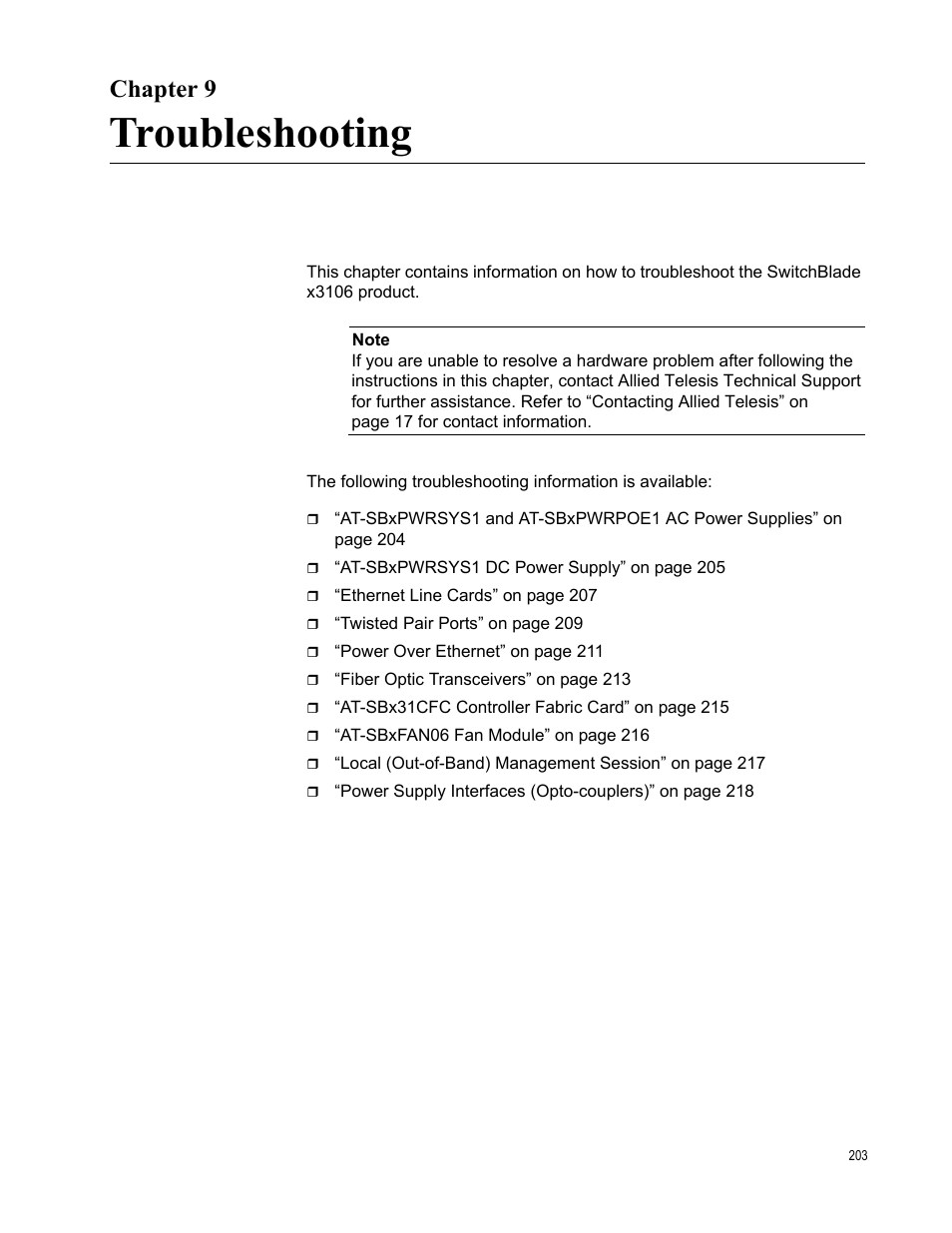Chapter 9, Troubleshooting, Chapter 9: troubleshooting | Allied Telesis SwitchBlade x3106 User Manual | Page 203 / 260