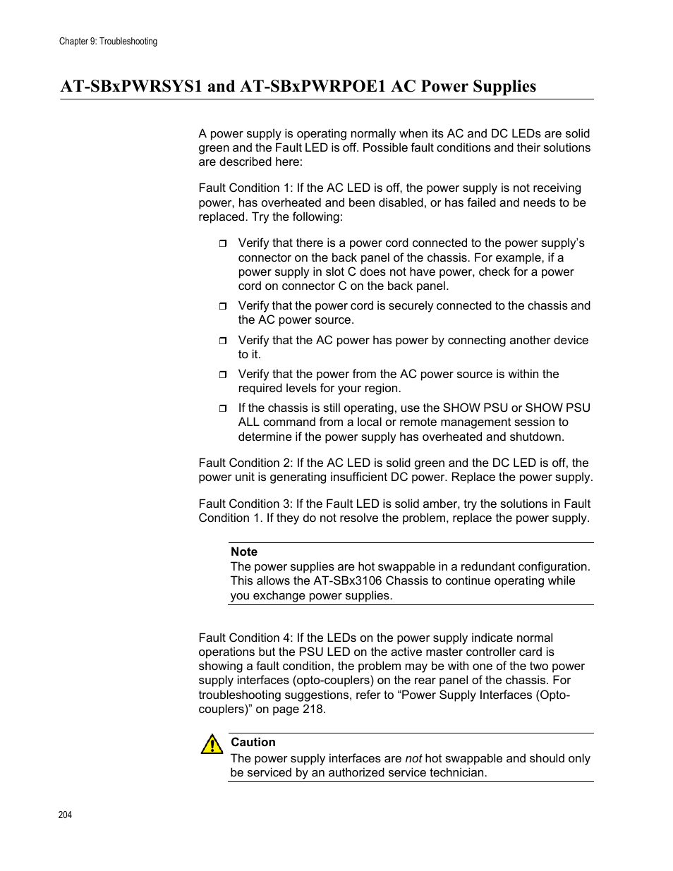 At-sbxpwrsys1 and at-sbxpwrpoe1 ac power supplies | Allied Telesis SwitchBlade x3106 User Manual | Page 204 / 260