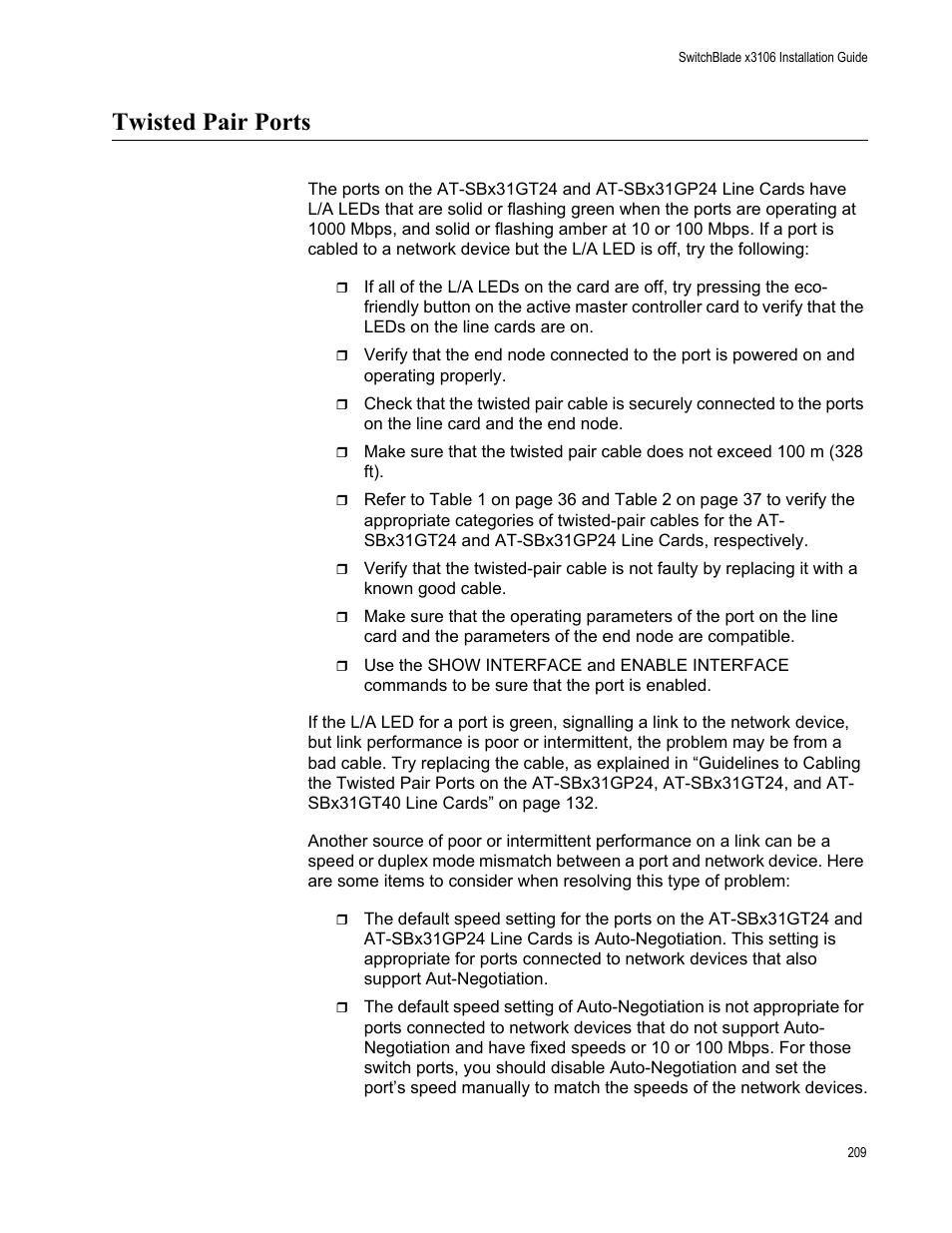 Twisted pair ports | Allied Telesis SwitchBlade x3106 User Manual | Page 209 / 260