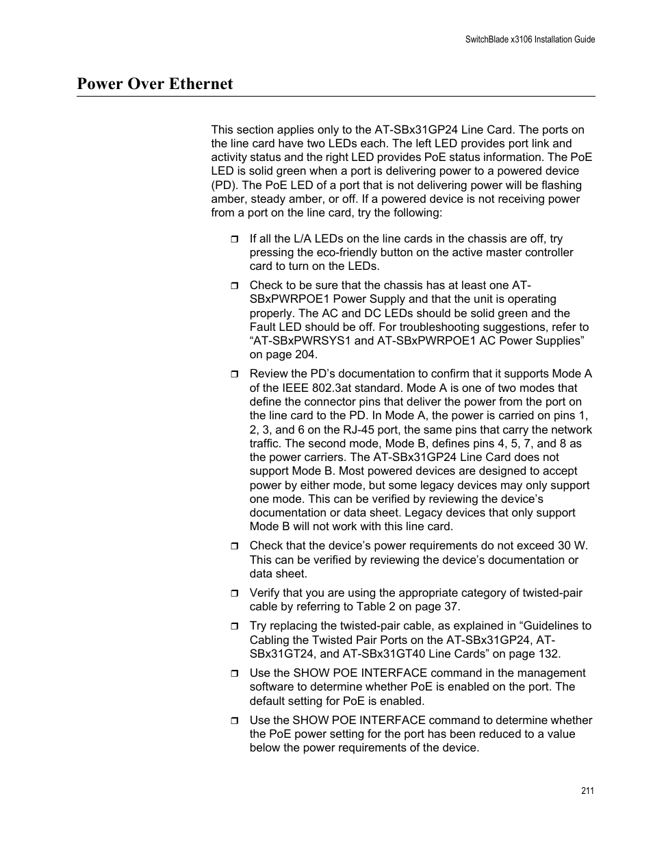 Power over ethernet | Allied Telesis SwitchBlade x3106 User Manual | Page 211 / 260