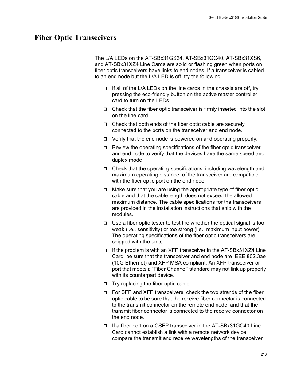 Fiber optic transceivers | Allied Telesis SwitchBlade x3106 User Manual | Page 213 / 260