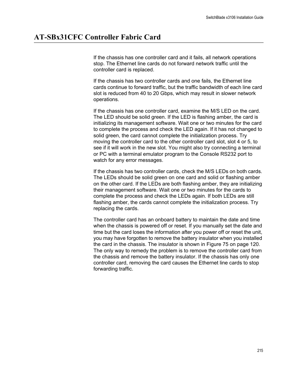 At-sbx31cfc controller fabric card | Allied Telesis SwitchBlade x3106 User Manual | Page 215 / 260