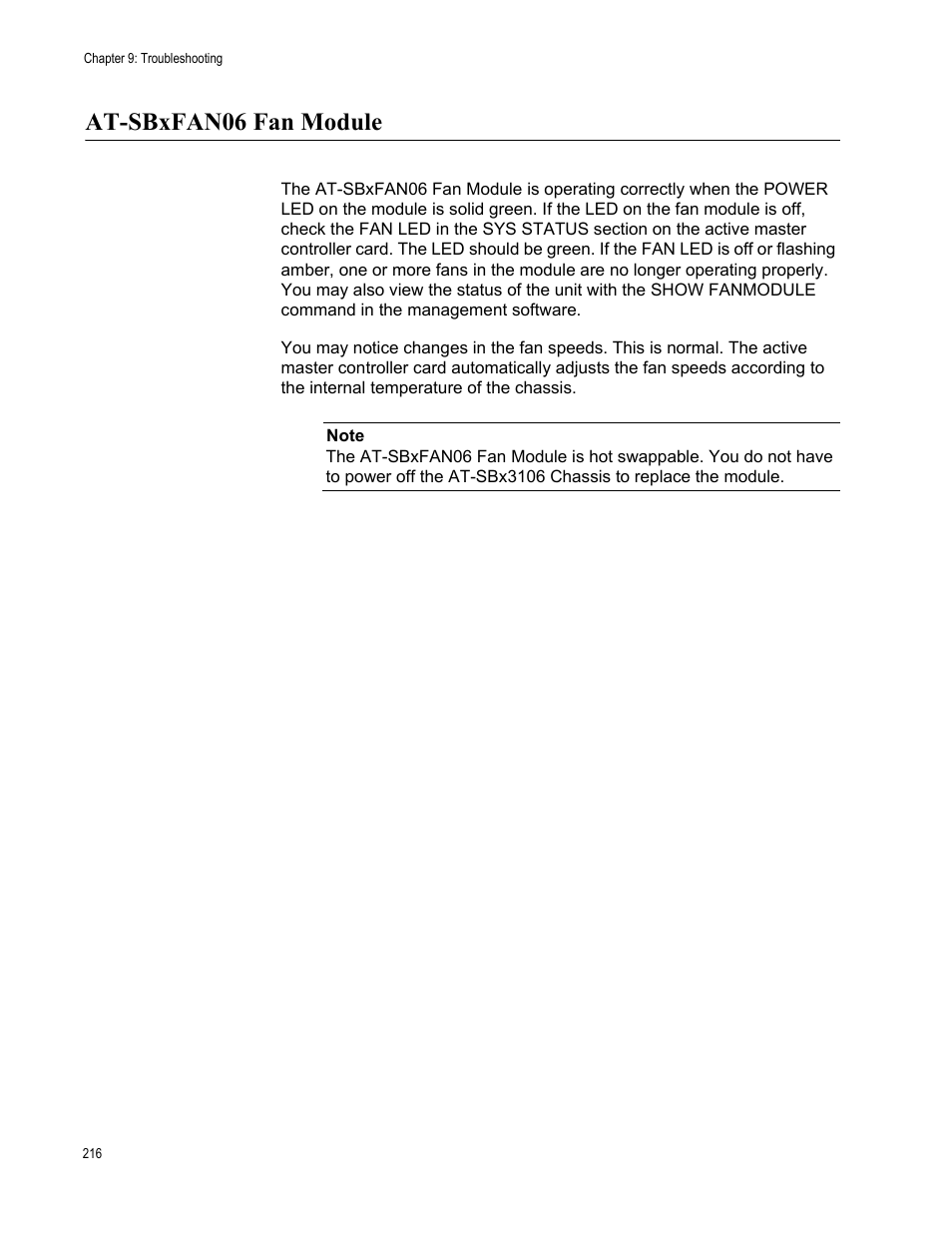 At-sbxfan06 fan module | Allied Telesis SwitchBlade x3106 User Manual | Page 216 / 260